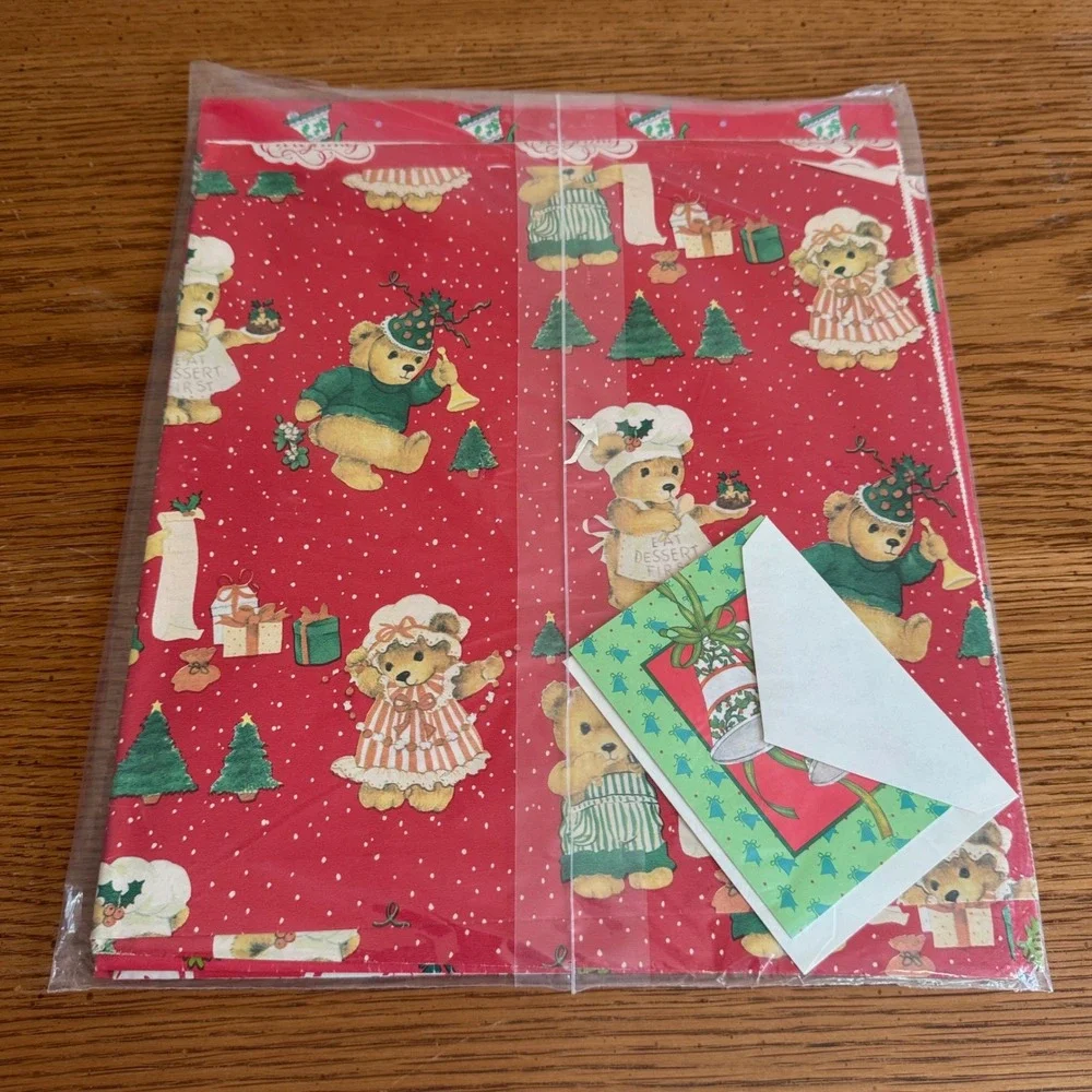 Vintage 1983 Current Holiday Bells Christmas Gift Wrap Teddy Bears Red